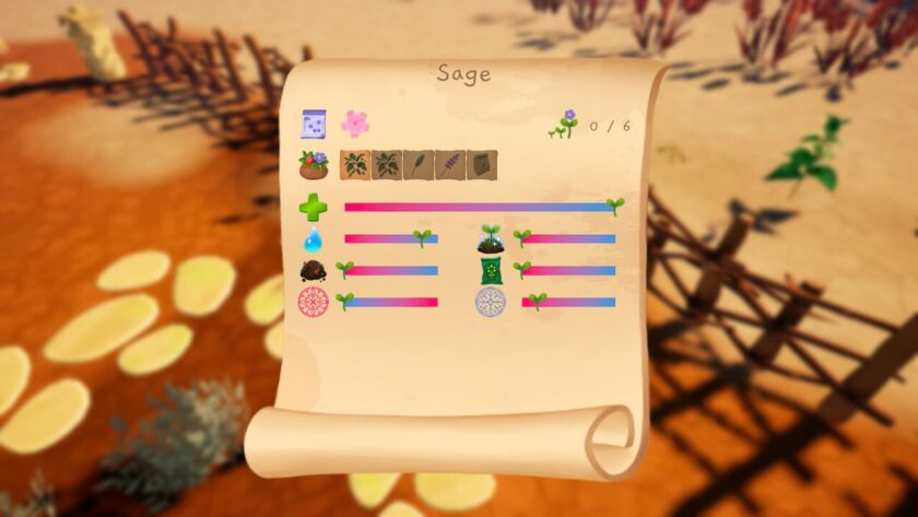 The inspect menu for sage. There is a pink flower, five pictures of plant growth, a zero of 6 growing days chart and various slide bars for health, water, nutrients and compost state. Published on: LadiesGamers