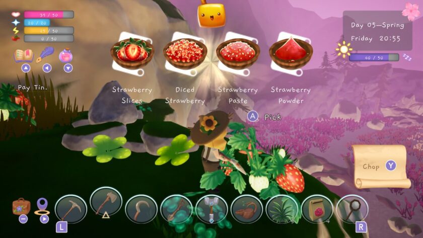 The player's character picking strawberries. Four recipes appear at the top of the screen: strawberry slices; diced strawberry; strawberry paste; and strawberry powder. Published on: LadiesGamers