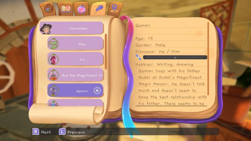 The characters page of the journal, giving information of Gemmi. It say he is 19, male using he or him pronouns. His hobbies are writing and drawing, and he lives with his father Rudal at the Magical Manoir. He doesn't talk much and doesn't seem to have the best relationship with his father. Published on: LadiesGamers