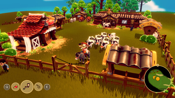 A vibrant farm scene from Gaucho and the Grassland shows a rancher riding a cow while overseeing a herd of cattle. The farm features wooden barns and fences surrounded by lush green fields. Icons for interactions are displayed at the bottom, and a mini-map is visible in the corner. Published on: LadiesGamers.