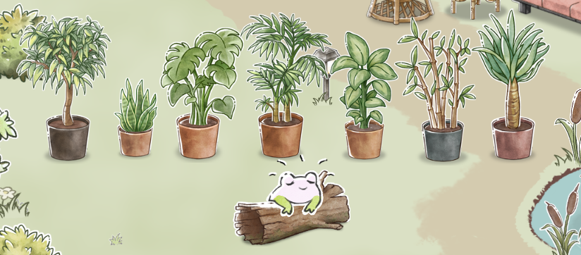 The image shows a relaxing scene from Kamaeru, featuring a small, smiling frog lounging on a log in the foreground. Surrounding the frog are seven potted plants, each with a distinct style and leaf pattern, set against a light outdoor background with soft greenery. The plants vary in size and type, adding a serene, nature-inspired aesthetic to the scene. Published on: LadiesGamers.