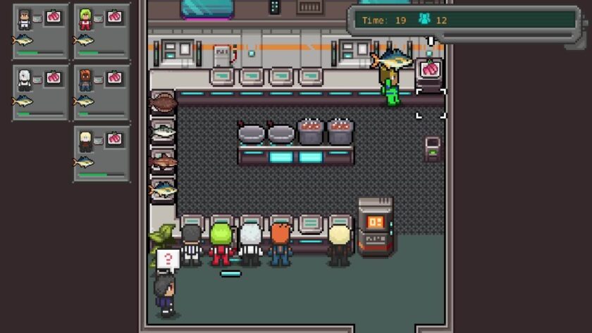 My character carrying a tuna, ready to prepare it for sushi. Other colonists sitting at the kitchen bar ordering food. Published on: LadiesGamers