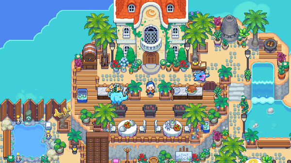 A charming seaside town scene from Moonstone Island. The central focus is a cozy, two-story house with a bright red roof, surrounded by lush palm trees, plants, and vibrant flowers. Various creatures, including a blue elephant-like pet, are scattered throughout the area, adding a whimsical touch. The wooden pier features several dining tables with plates and chairs, offering a relaxed, tropical vibe. A small pool and a statue complete the serene atmosphere, all set against the backdrop of a bright blue ocean. Published on: LadiesGamers.