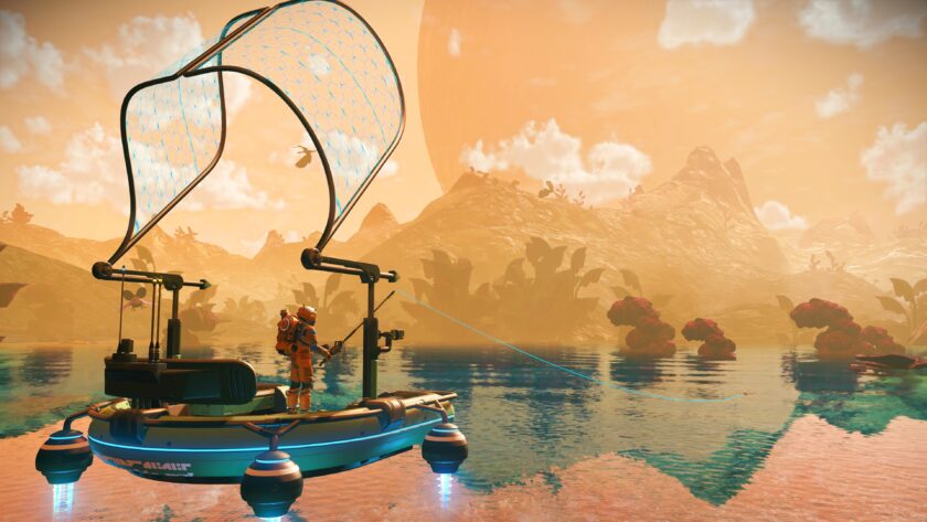 A player character in an orange spacesuit stands on a futuristic hovercraft with a sail, fishing in a serene, alien landscape in No Man's Sky. The scene features a vibrant, orange-hued sky with fluffy clouds and distant mountains, reflecting in the calm waters. The lush environment is dotted with large, exotic plants and floating creatures, evoking a sense of exploration on an alien planet. Published on: LadiesGamers.