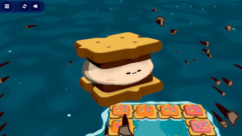 A marshmallow getting squished between two graham crackers and chocolate in One S'more.