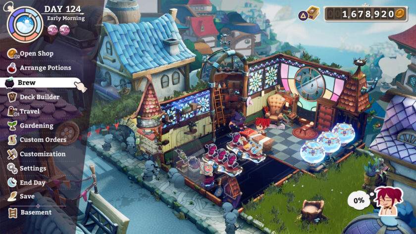 Screenshot from Potionomics showing the interior of the potion shop during the brewing process on Day 124, early morning. The player menu is open on the left, with options like "Brew" highlighted. The shop is vibrant with stained glass windows, various potion bottles on display, and a cozy setup with a wooden ladder and large chair. The shop owner is seen on the right, busy with potion brewing equipment. The upper right displays the gold balance, and a character icon shows a 0% stress level. Published on: LadiesGamers.