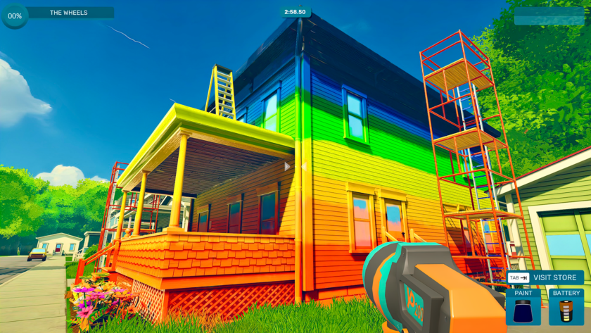 A colorful scene from Spray Paint Simulator, featuring a partially painted house with bright rainbow hues covering its exterior. The house is surrounded by scaffolding, indicating an ongoing painting project. A spray paint gun is visible in the foreground, with controls for paint and battery displayed on the screen. The sky is clear with a few clouds, and the lush green trees in the background add to the vibrant atmosphere. Published on: LadiesGamers.