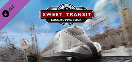 The image shows the cover art for the Sweet Transit Locomotive Pack DLC. It features a sleek, modern high-speed train moving at a rapid pace along the tracks, with a blurred background suggesting motion. The train is predominantly white with black detailing, and the sky above is bright blue with a few scattered clouds. The logo of the DLC is prominently displayed at the top center, with a cogwheel and a red banner design that reads "Sweet Transit Locomotive Pack." A purple DLC tag is visible in the top left corner. Published on: LadiesGamers.