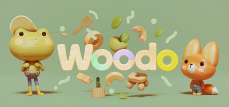The image shows the title screen for Woodo, featuring two adorable characters: a frog with a wooden texture, wearing a yellow cap and overalls, and a cute fox with an orange coat and a slightly shy expression. They are surrounded by wooden and leafy objects, including a spatula, a wooden stump, and various carved pieces that form the word "Woodo" in playful, pastel-colored letters. The background is a soft green, giving the image a calm and charming vibe. Published on: LadiesGamers.