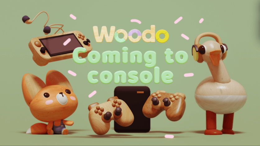 A promotional image for Woodoo announcing its release on consoles. The image features a playful, wooden art style with a cute fox character, wooden game controllers, and a headphone-wearing bird. The text "Woodoo Coming to Console" is displayed in colorful letters against a soft green background, highlighting the game's whimsical and tranquil design. Published on: LadiesGamers.
