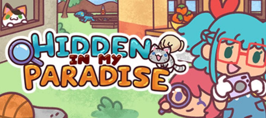 A cheerful and colorful promotional image for Hidden in My Paradise. The artwork features adorable, cartoon-style characters, with one holding a camera and another using a magnifying glass, hinting at a fun search-and-find gameplay. Cats are prominently featured, with one peeking through a window and another perched atop the game’s playful title. The warm, cozy backdrop of a home and garden adds to the inviting, lighthearted feel of the game. Published on: LadiesGamers.