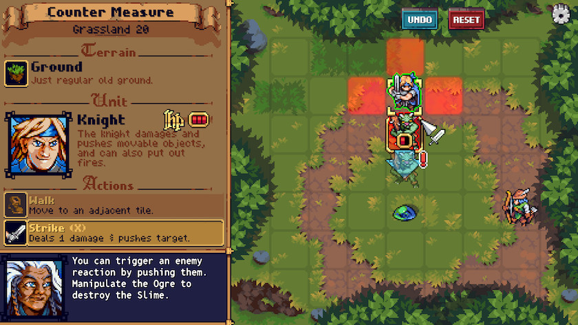 The Puzzle Maker: Cebba's Odyssey Split screen showing a puzzle grid, and how the knight impacts an ogre in a turn.
