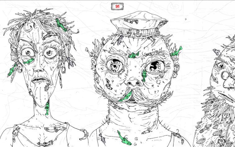 An image from 100 Hidden Cthulhu Fish showing a sailor in a black and white illustrated art style and one of his crew mates.