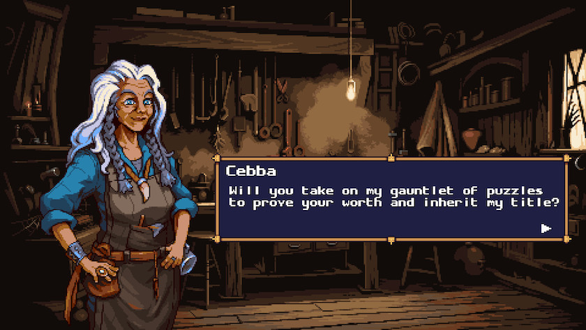 The Puzzle Maker: Cebba's Odyssey , a white haired woman in blue worker's clothes, introduces her story.