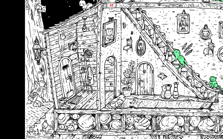 a complex black and white picture of an interior of a house with 2 green cats