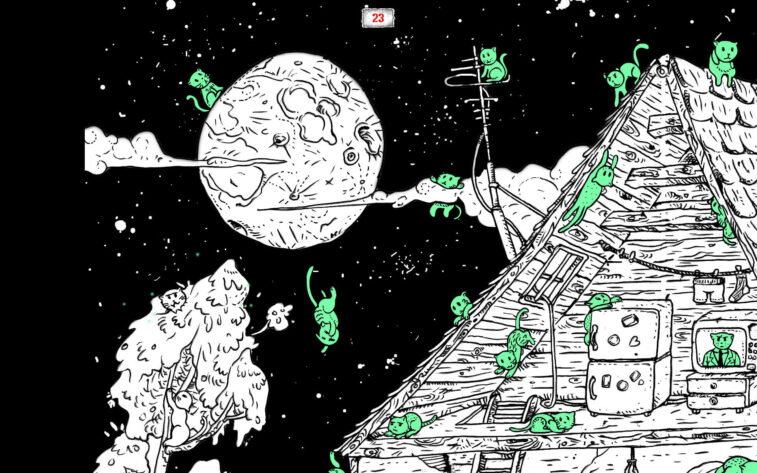 100 hidden Cats Kitty House black sky, black and white moon and part of a roof with green cats