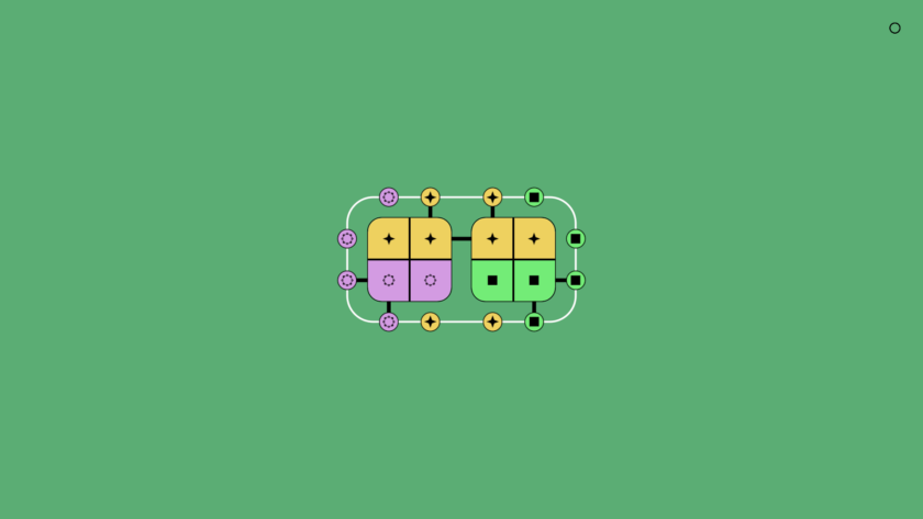 An image from Lines on Sides showing a green background with two squares in the middle. Each square is divided into four. The left square has two orange squares on the top and two at the bottom. The right square has two orange squares on the top and two green on the bottom.