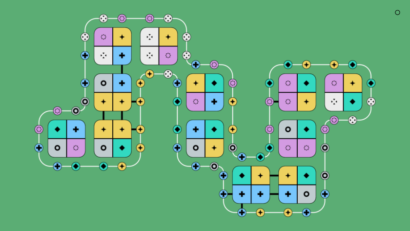 An image from Lines on Sides showing a green background and an intricate puzzle with various squares and then coloured squares inside.