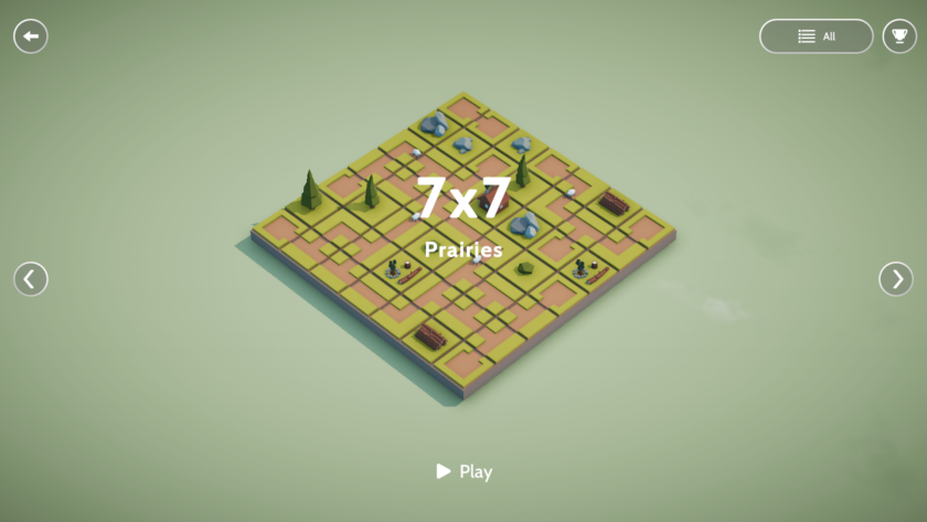 An image from Teeny Tiny Town showing a 7x7 grid with a green base and various trees and materials on the tiles laid out.