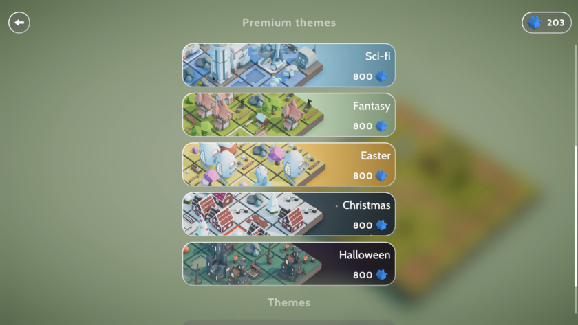 An image from Teeny Tiny Town showing the different themes that can be purchased by completing milestones on other levels.