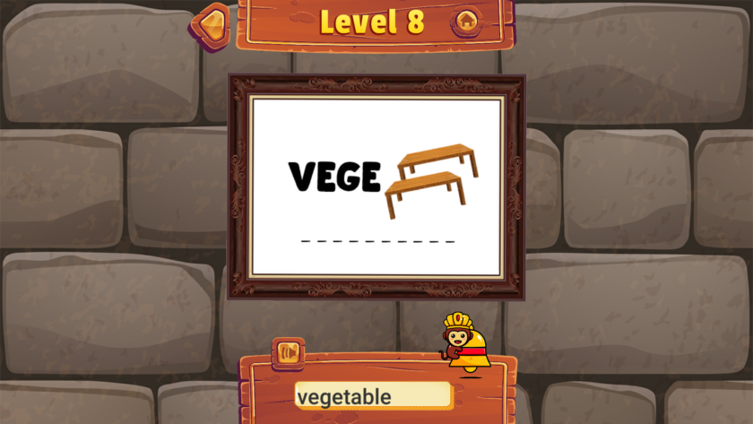 An image from Riddle Tower showing one of the puzzles - the word vege and two tables and the correct answer vegetables.