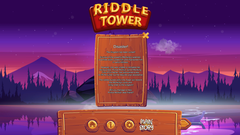 An image from Riddle Tower showing the main home screen. There is a purple landscape and then the Riddle Tower logo above.