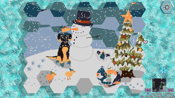 A winter scene from 6-Sided Stories shows a festive snow-covered landscape. In the center, a large snowman wearing a top hat stands beside a character riding a dinosaur-like creature. To the right, a decorated Christmas tree glows with a star on top, while small animals gather around, adding to the cozy atmosphere. The hexagonal tiles and icy borders give the image a unique, frosty design. Published on: LadiesGamers.