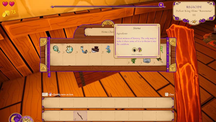The items menu shows some symbols in Alchemist: The Potion Monger.