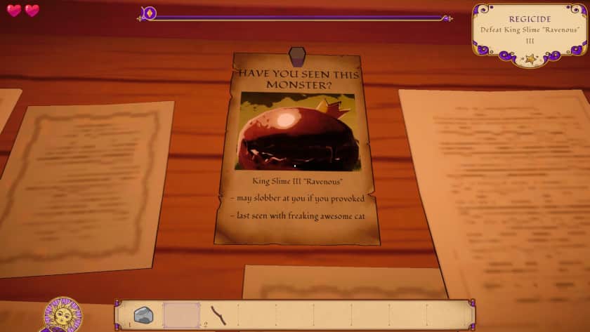 A sign reads is a wanted sign for King Slime in Alchemist: The Potion Monger.