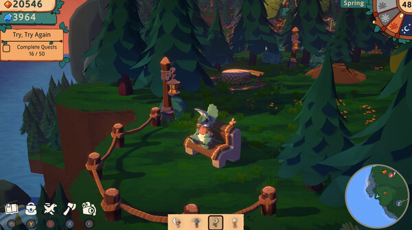 A peaceful scene from wholesome game Amber Isle, showing a character sitting on a wooden bench surrounded by lush greenery and tall trees. The area is bordered by a rope fence, leading to a cliff edge overlooking the wilderness. Wooden totem poles and quest indicators add a sense of exploration and adventure. The in-game HUD displays currency, quest progress, and a map of the area. Published on: LadiesGamers.