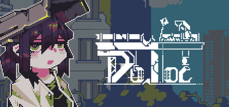 Pixel art-style cover for Doloc Town, featuring a character with a somber expression, wearing a large, metal-like hat and a white coat with green accents. The character stands in front of a fragmented cityscape, with faded blue and green buildings against a dark background. The game's title, Doloc Town, appears in stylized white text to the right, blending into the cityscape elements. Published on: LadiesGamers.