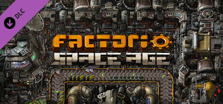 The image shows the promotional cover for the Factorio Space Age DLC. The title "Factorio: Space Age" is boldly displayed in the center, with an industrial, mechanical aesthetic featuring intricate machinery and pipes. The background is packed with complex, futuristic factory components, hinting at the game's expansion into space-based technologies. A purple DLC banner sits in the top-left corner, indicating this is downloadable content. Published on: LadiesGamers.