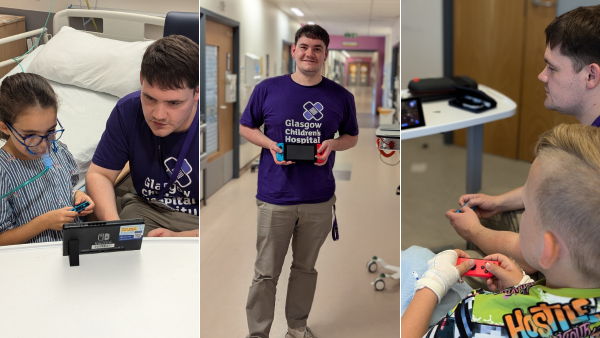 A dedicated Gamer-in-Residence at Glasgow Children’s Hospital engages young patients with video games, helping to brighten their day. The first image shows a patient in bed playing a game with the Gamer-in-Residence on a Nintendo Switch. The second image is of the same person smiling in a hospital hallway while holding a game console. The third image captures him playing with another child, creating a shared moment of joy through gaming. Published on: LadiesGamers.