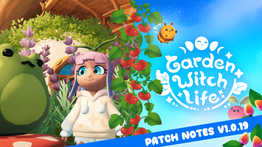 A cozy scene from Garden Witch Life features a young character with pastel purple hair, wearing a soft white hoodie adorned with stars, standing beside a large, green frog on a red mushroom. Behind her, lush lavender plants and climbing tomato vines add a natural charm, while a cheerful bee hovers nearby. The game’s title, Garden Witch Life, is displayed in playful white text on a blue sky background with patch notes V1.0.19 highlighted in a banner below. Published on: LadiesGamers.