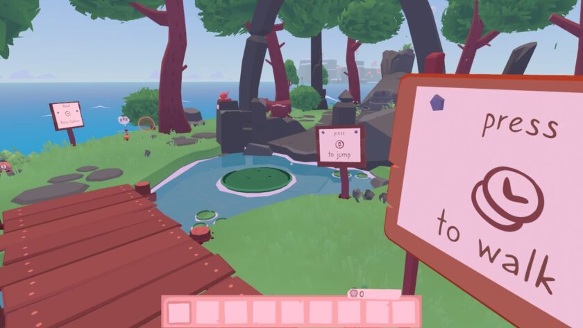 Island with pond and trees. Notice boards giving instructions like “press L to walk”, and “press B to jump.” Published on: LadiesGamers