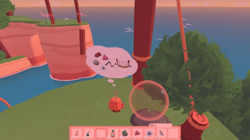 A pot shaped creature, with a thought balloon above their head. The balloon contains 2 flowers, a log and a rock with an arrow showing a bridge. Next to the creature is an empty orange bubble. Published on: LadiesGamers