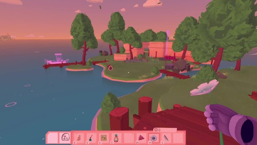 View across to the main home island. To the right there is a pink shaft of light indicating the location of your home. A jetty to the left side has a pink outline of a boat next to it. Published on: LadiesGamers