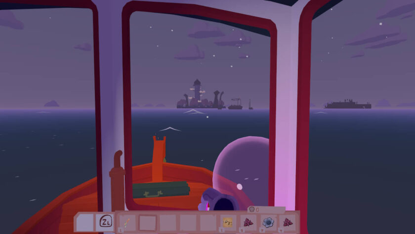 View from the cabin of the boat. An island with a tall structure is in front, and one with trees to the right. Published on: LadiesGamers