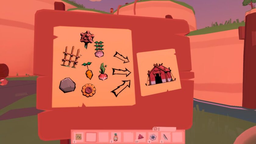 Recipe card for a tent, requiring several items including a turnip, carrot, trellis and rock. Published on: LadiesGamers