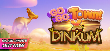 Promotional image for Go-Go Town! featuring a collaboration with Dinkum. The image shows a sunset-hued landscape with a kangaroo silhouette on the left, symbolizing the Australian setting inspired by Dinkum. In the center, a wooden sign displays the bold "Go-Go Town! X Dinkum" logo. A banner at the bottom left announces a major update with the text "OUT NOW" in vibrant pink and white. Published on: LadiesGamers.