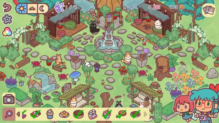 A park based level filled with rabbits. There is a fountain, stepping stones and plants, trellis fences and arches, a band stand and various seating areas. There are lots of smaller objects like bottles, sweets and flowers scattered around. An icon bar at the bottom of the screen shows, for example, a donut, cookies and an ice cream. Published on: LadiesGamers