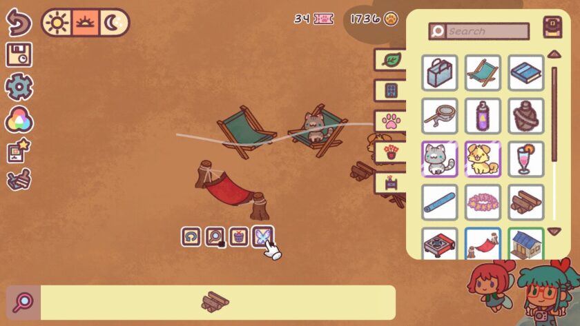 Beach scene, with some deckchairs and a hammock. Four icons appear under the hammock to rotate, make it a hidden object, delete or make it a fairy location. Published on: LadiesGamers