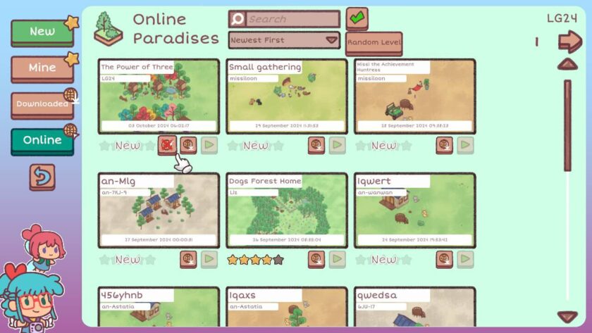 Online menu window, with various custom levels available. Published on: LadiesGamers
