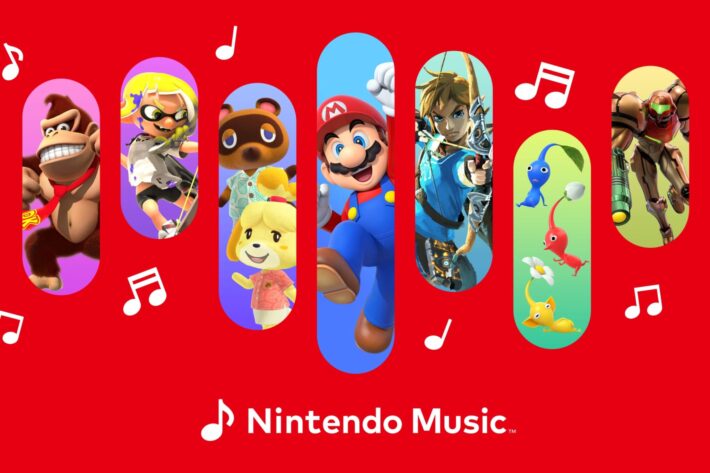 A vibrant Nintendo Music-themed graphic featuring popular Nintendo characters set against a red background with musical notes scattered around. Each character is showcased within oval frames: Donkey Kong, an Inkling from Splatoon, Tom Nook and Isabelle from Animal Crossing, Mario, Link from The Legend of Zelda, a trio of colorful Pikmin, and Samus Aran from Metroid. The graphic emphasizes Nintendo’s diverse game universe and the iconic music associated with each character and franchise. Published on: LadiesGamers.