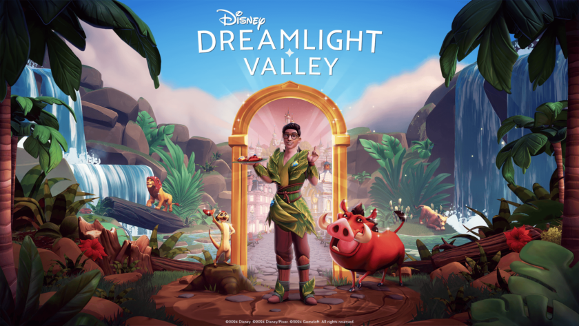 A character dressed in a leafy outfit holds a tray of food while standing in front of a glowing golden archway in Disney Dreamlight Valley. Surrounding them are Timon, Pumbaa, and Simba from The Lion King, with a lush tropical landscape of palm trees, waterfalls, and greenery in the background, leading towards a distant castle. The scene is vibrant and filled with animated joy. Published on: LadiesGamers.