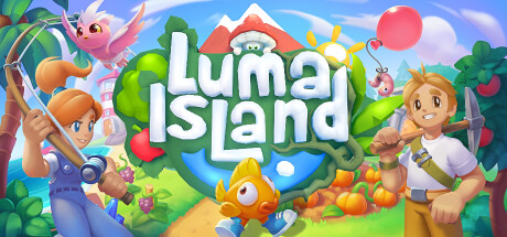 The image shows the colorful cover art for Luma Island. It features two characters, a girl on the left holding a hoe and a boy on the right with a pickaxe. They are standing in a vibrant, lush environment full of fruits, plants, and a bright sun shining overhead. A cute bird and a fish-like creature add to the whimsical nature of the scene, with a green mountain and blue skies in the background. Published on: LadiesGamers.