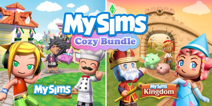 Promotional image for MySims Cozy Bundle, featuring colorful characters from MySims and MySims Kingdom. The left side highlights the cheerful atmosphere of MySims, with playful characters like a blonde Sim wearing headphones and a chef with a big smile and a mustache. The right side showcases MySims Kingdom in a fantasy-themed setting, with a wizard, a princess in a blue gown, and a dragon, all set against a castle backdrop. The contrasting blue and golden skies enhance the dual theme. Published on: LadiesGamers.