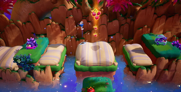 A vibrant scene from Smurfs Dreams, featuring lush floating platforms over a serene body of water. A Smurf jumps towards floating collectibles resembling berries, while two purple enemies lurk on opposite platforms. Bright foliage surrounds the rocky cliffs, adding to the colorful, whimsical atmosphere. Published on: LadiesGamers.