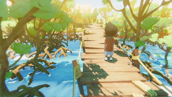 In video game Sopa Miho walks across a wooden bridge suspended over a vibrant blue river, surrounded by lush mangrove trees. Sunlight filters through the branches, casting shadows on the wooden planks. The environment is tranquil, with the bridge leading further into the vibrant, green landscape ahead. Published on: LadiesGamers.