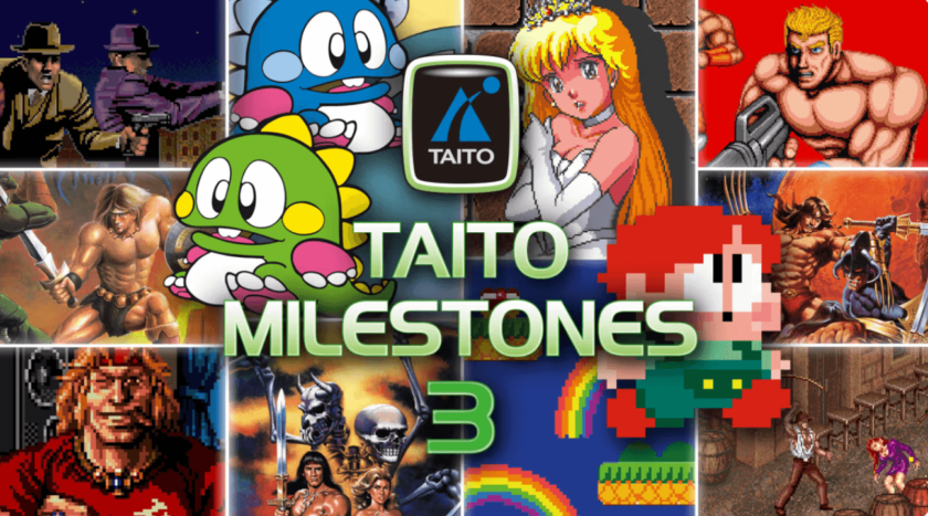 Collage-style cover image for Taito Milestones 3 featuring classic arcade characters and scenes from various iconic Taito games. Central focus is on the green dinosaur Bub from Bubble Bobble, alongside the Taito logo. Surrounding images showcase characters in diverse styles, including a princess, muscular heroes, cowboys, and pixelated sprites, representing the rich variety of games in the collection. The title "TAITO MILESTONES 3" is displayed prominently in bold green letters across the bottom. Published on: LadiesGamers.